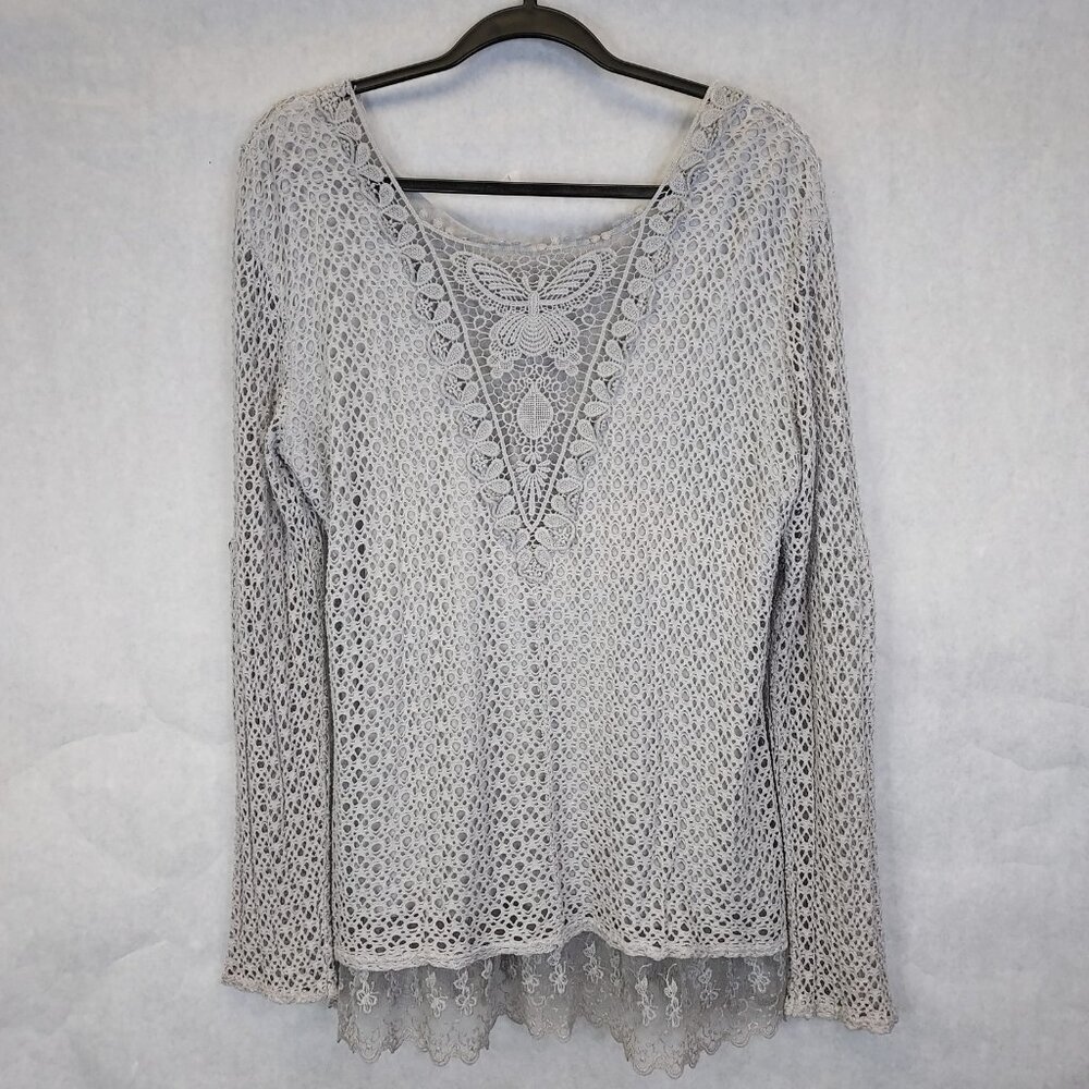 Italian Knit Tunic Top Womens M Lace Hem Crochet Butterfly Boho Y2K Whimsy Fairy